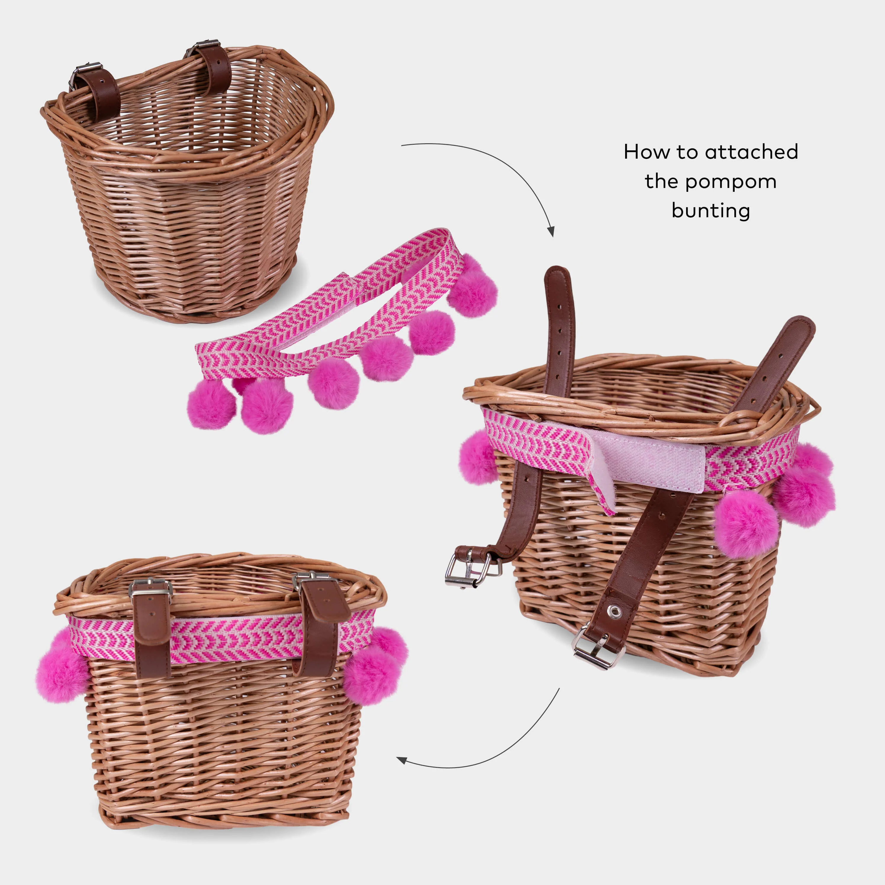 Wicker Basket with Pom Poms: Pink - Image 6